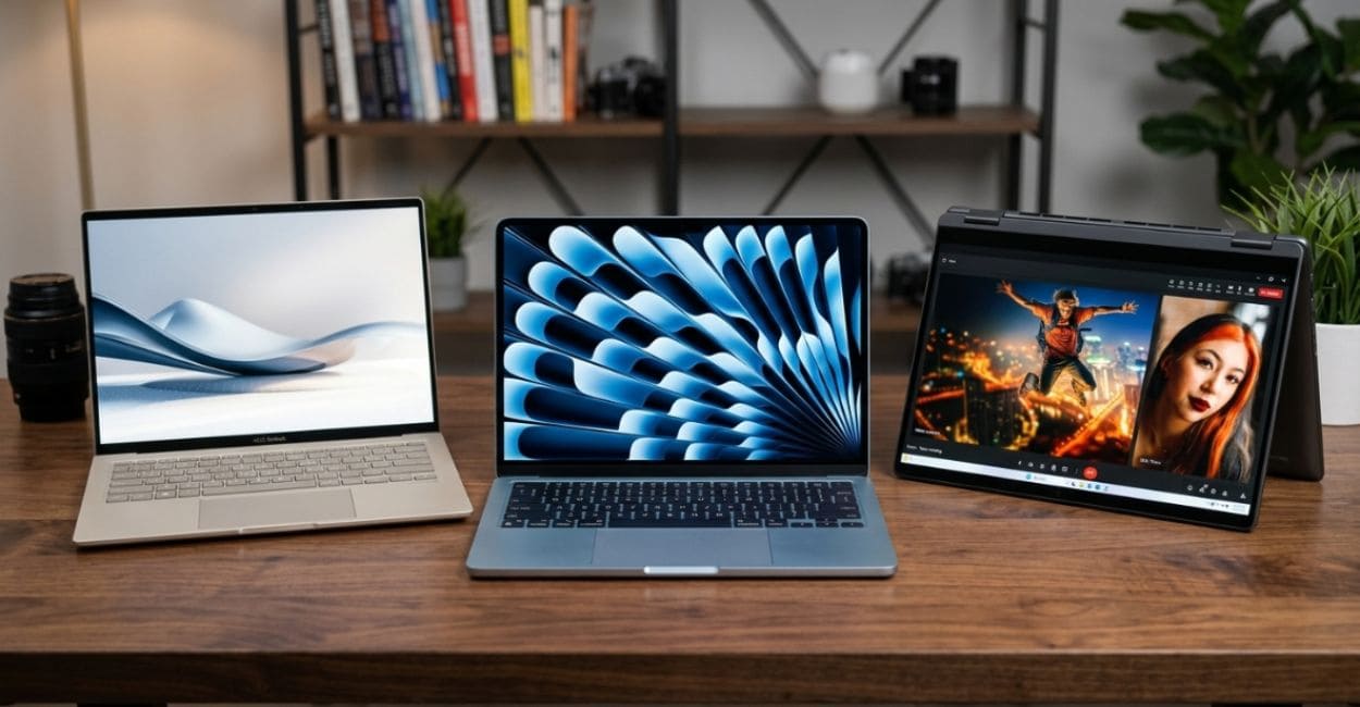 MacBook Air, notebook conversível e ultrabook Windows em sala de reunião moderna com plantas ao fundo
