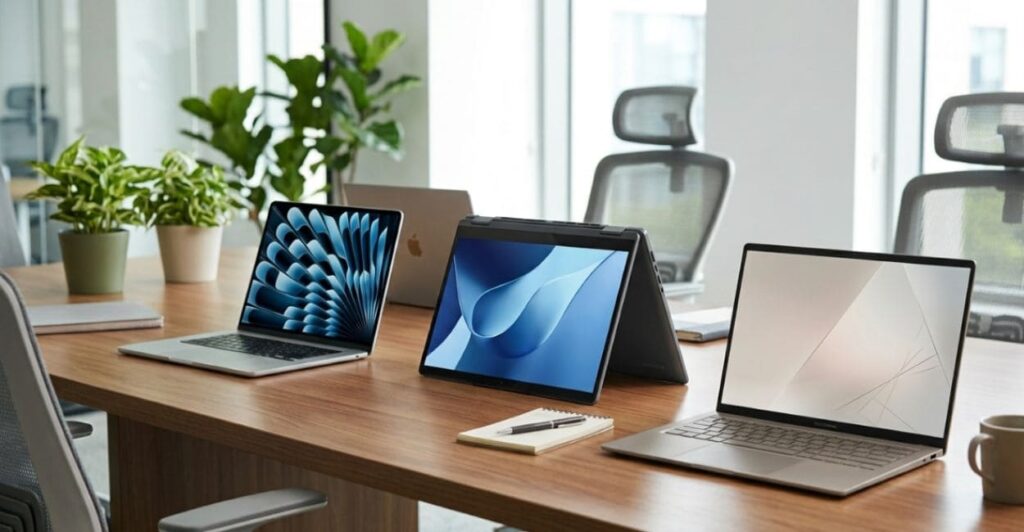 Três notebooks com bateria longa duração lado a lado em mesa escura — ZenBook, MacBook Air e conversível