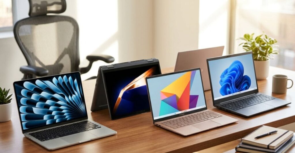 Notebooks com melhor bateria de 2026 dispostos sobre mesa de madeira em ambiente de home office iluminado