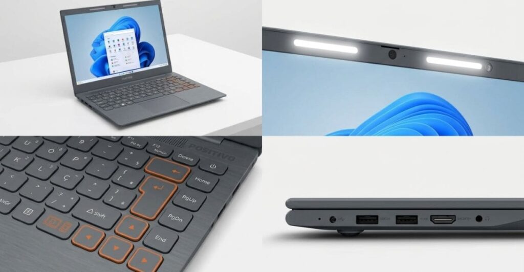 Collage com detalhes do Positivo Vision C14 mostrando o notebook aberto com Windows 11, a Lumina Bar acesa, o teclado ABNT2 com teclas laranja e as portas USB e HDMI