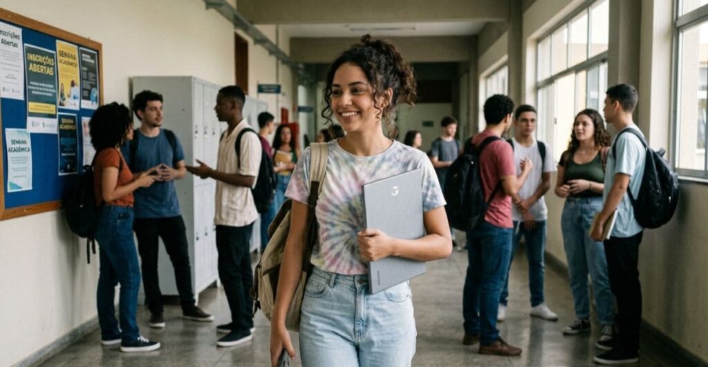 Estudante brasileira sorrindo carregando o Positivo Vision C14 cinza embaixo do braço no corredor de uma faculdade com outros estudantes ao fundo