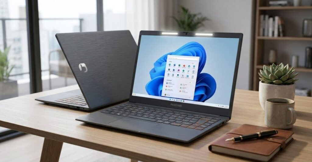 Dois Positivo Vision C14 em mesa de escritório mostrando a Lumina Bar acesa no bezel superior e Windows 11 com menu Iniciar aberto na tela