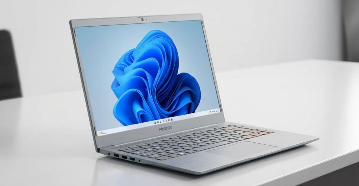 Positivo Vision C14 cinza aberto em mesa branca mostrando a tela HD de 14 polegadas com wallpaper do Windows 11 e bordas finas