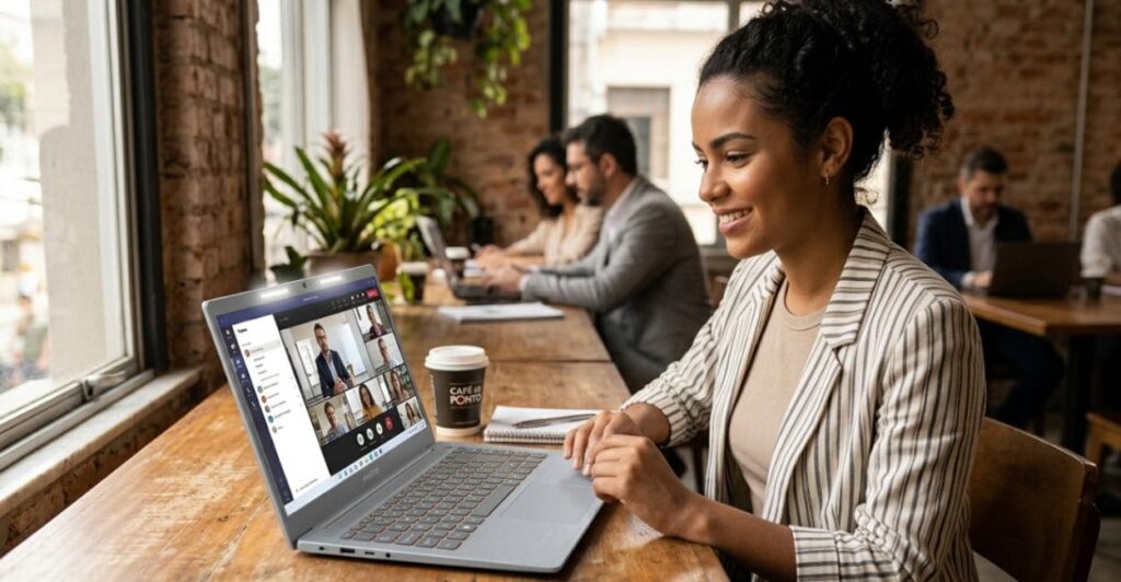 Profissional brasileira usando o Positivo Vision C14 em co-working durante videochamada no Microsoft Teams com Lumina Bar acesa e café ao lado