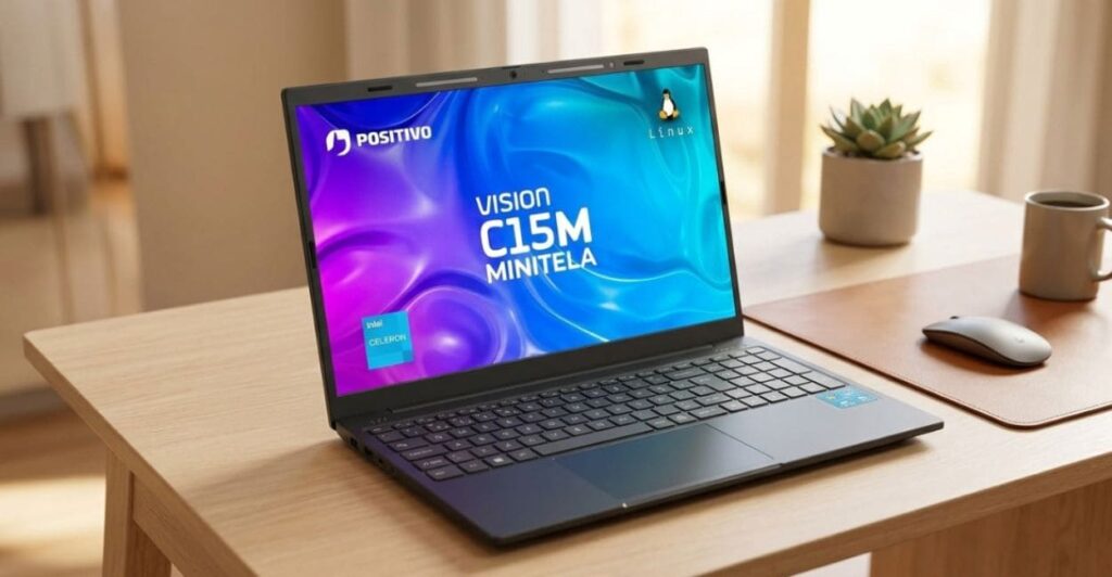 Positivo Vision C15M aberto em mesa de madeira em ambiente de home office com mouse ao lado e luz natural