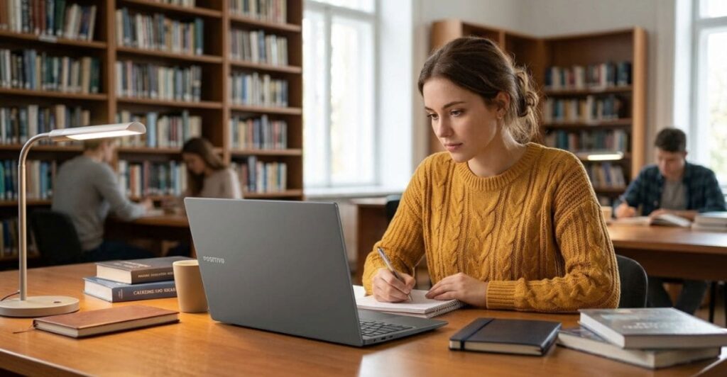 Estudante brasileira usando o Positivo Vision C15M 15,6 polegadas em biblioteca universitária com livros sobre a mesa