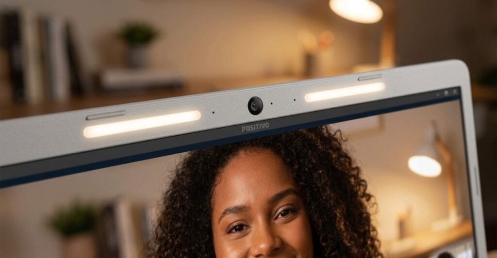 Close-up da Lumina Bar do Positivo Vision C15M com barras de LED acesas ao lado da webcam HD durante videochamada
