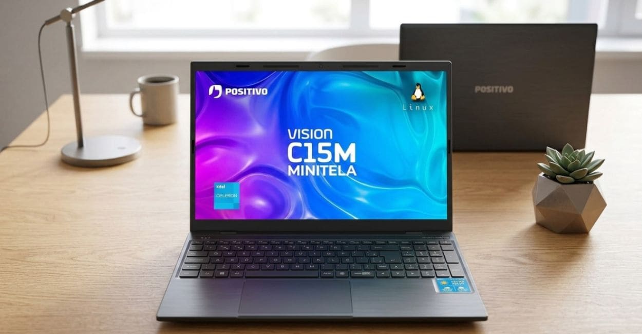 Positivo Vision C15M aberto de frente em mesa mostrando a tela Full HD IPS de 15,6 polegadas com Linux e badge Intel Celeron