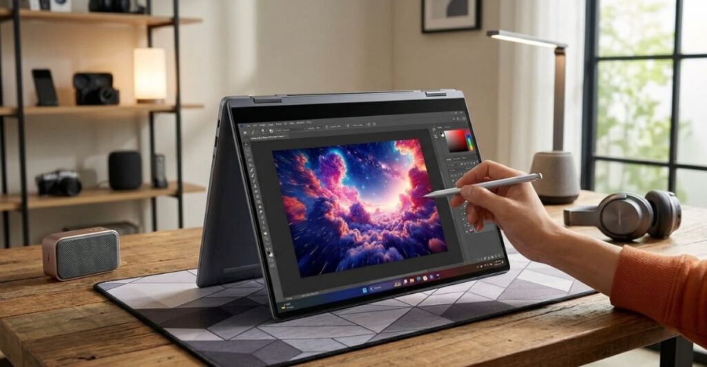Samsung Galaxy Book4 Pro 360 utilizado em modo tablet para edição criativa