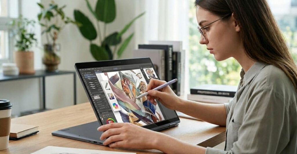 Profissional utilizando a S Pen no Samsung Galaxy Book4 Pro 360