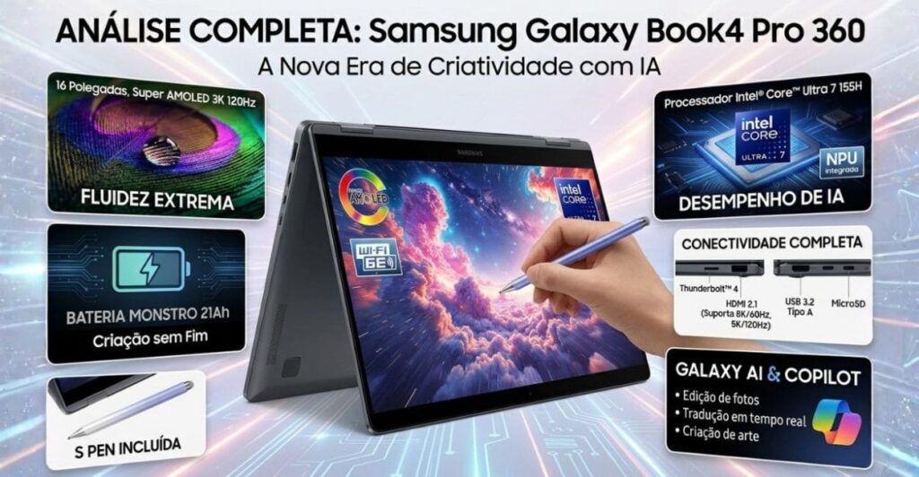 Especificações do Samsung Galaxy Book4 Pro 360 com Intel Core Ultra 7 e tela AMOLED