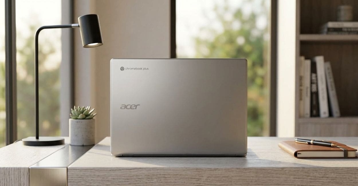Chromebook Plus i3-N305 fechado sobre mesa de home office com luminária e planta