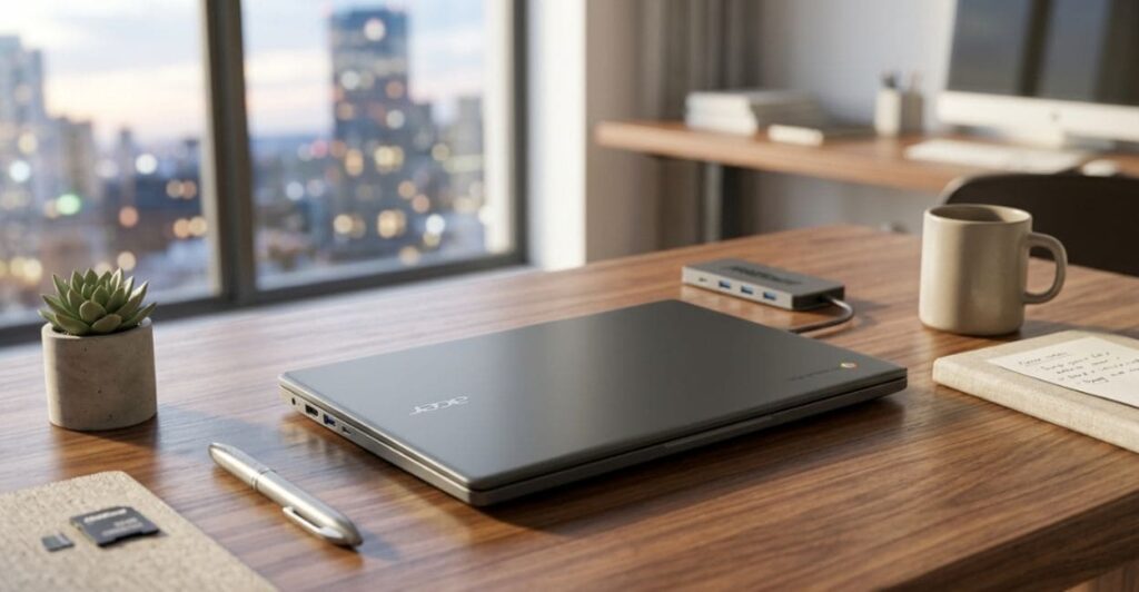 Acer Chromebook Plus i3-N305 com a estação de ancoragem bônus em mesa de home office