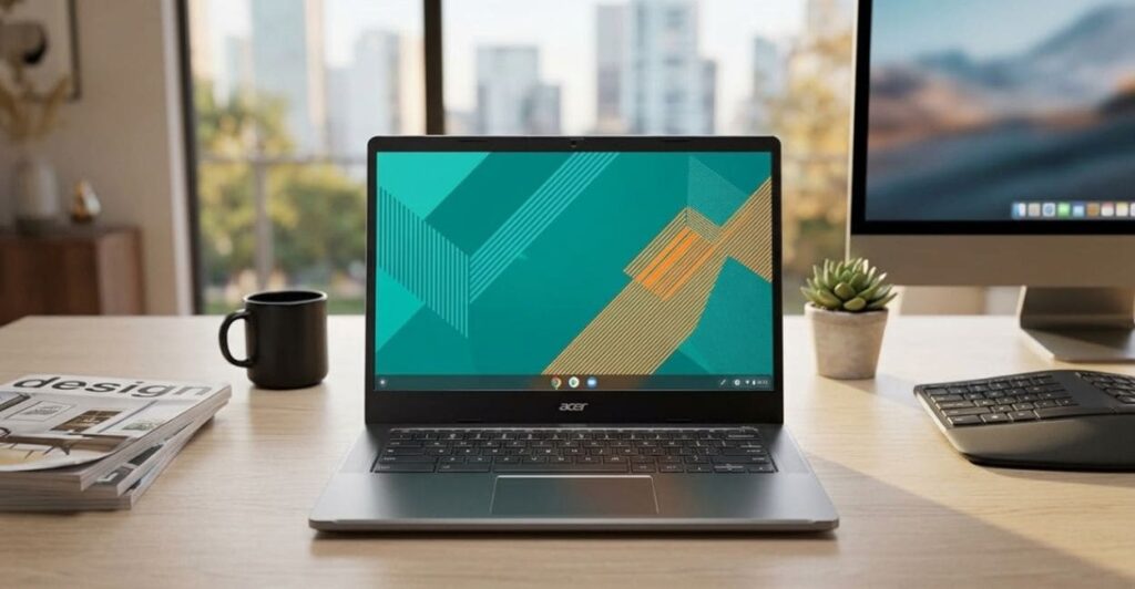 Tela touchscreen Full HD de 14 polegadas do Acer Chromebook Plus i3-N305 aberta sobre mesa