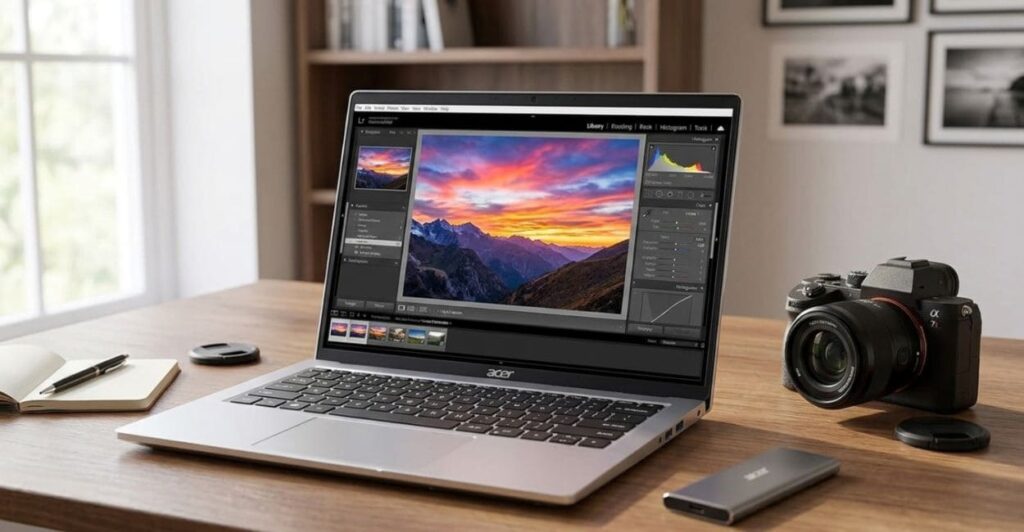Acer Swift Go 14 OLED aberto com foto de montanha no Lightroom para fotógrafo em viagem