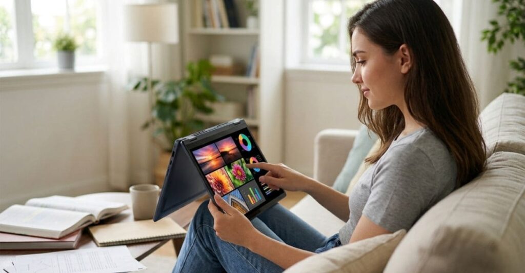 Tela touch do ASUS Vivobook Flip 14 sendo usada em modo tablet
