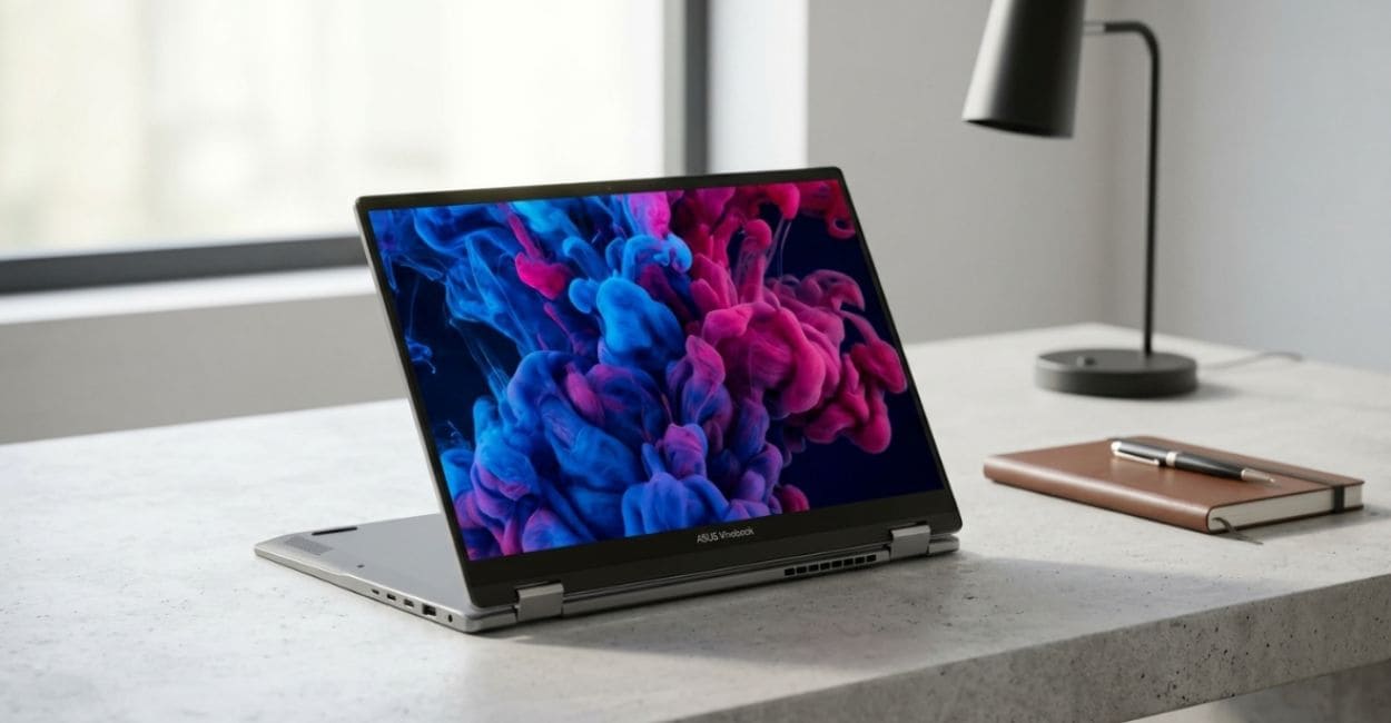 ASUS Vivobook Flip 14 em modo tenda com dobradiça de 360 graus