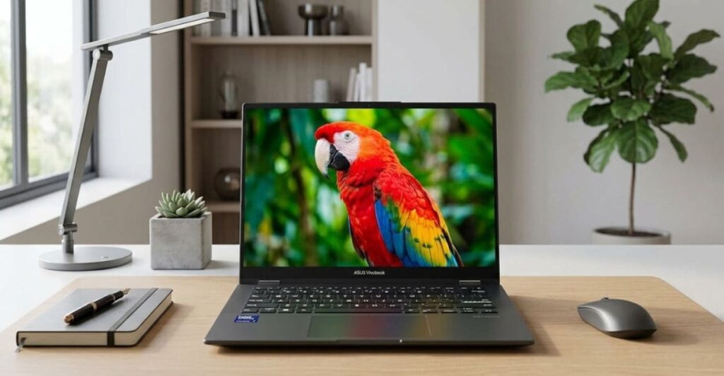 Tela OLED do ASUS Vivobook Flip 14 exibindo cores vibrantes