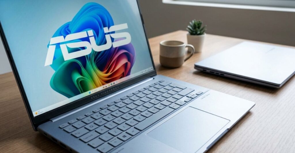 ASUS Vivobook S14 S5406 aberto em mesa de escritório, mostrando a tela OLED de 14 polegadas
