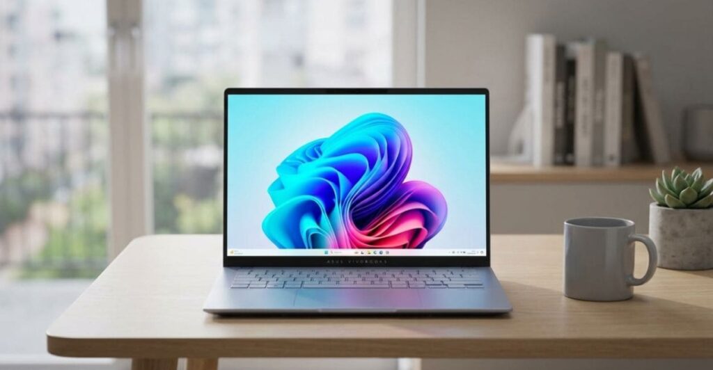 ASUS Vivobook S14 S5406 em ângulo frontal completo, sobre mesa de escritório