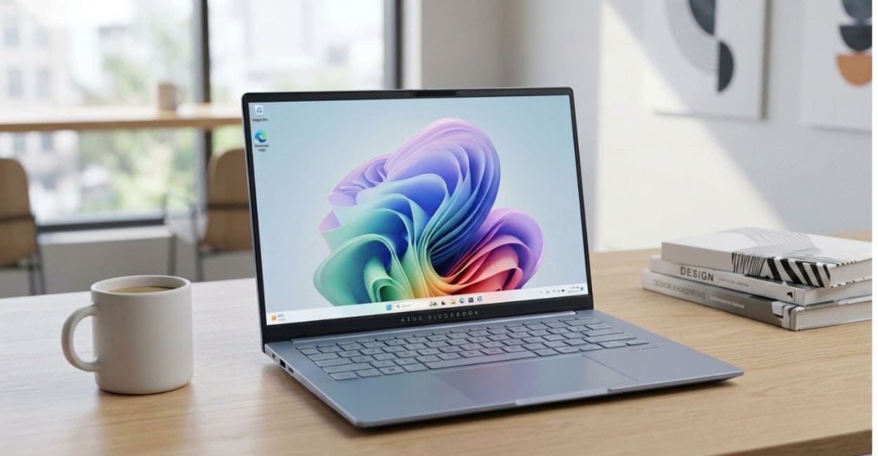 ASUS Vivobook S14 S5406 aberto sobre mesa, tela exibindo wallpaper vibrante