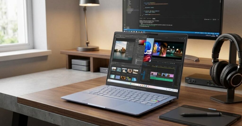 ASUS Vivobook S14 S5406 em uso para edição de fotos e vídeos