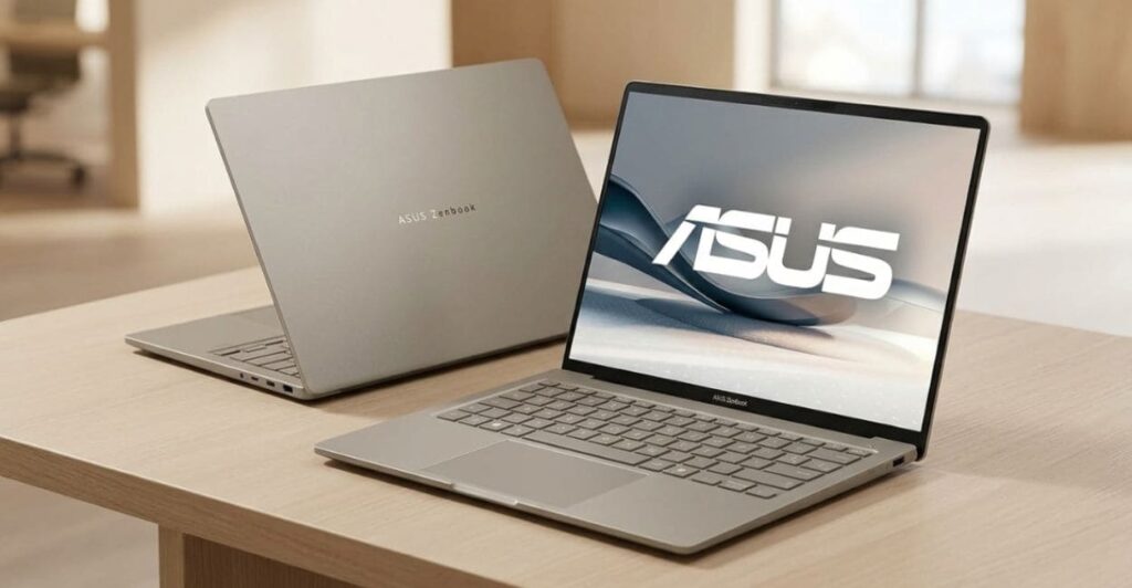 Dois ASUS Zenbook A14, um fechado exibindo o logo Zenbook e outro aberto com o logo ASUS
