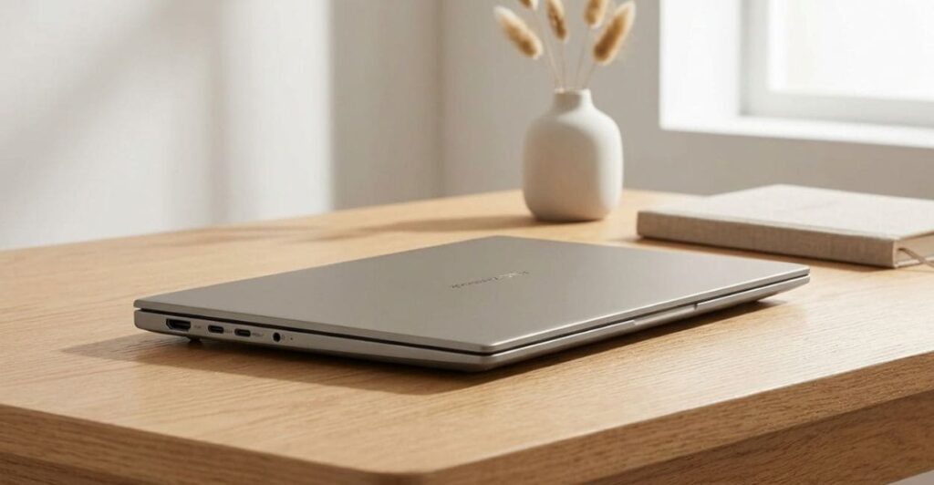 ASUS Zenbook A14 fechado sobre mesa de madeira em ambiente minimalista