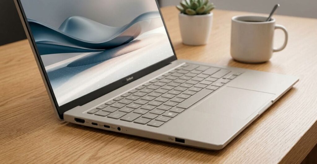 ASUS Zenbook A14 em vista de perfil sobre mesa de madeira com xícara de café