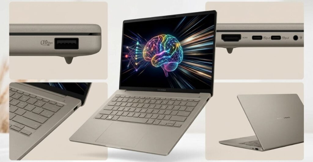 Detalhes das portas USB-C, USB-A e HDMI do ASUS Zenbook A14