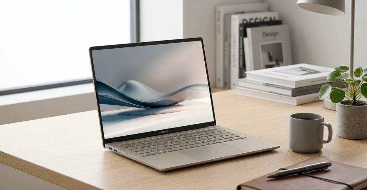 ASUS Zenbook A14 aberto sobre mesa de home office com tela OLED visível