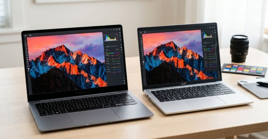 comparação de cobertura de cor entre telas de notebook com color checker