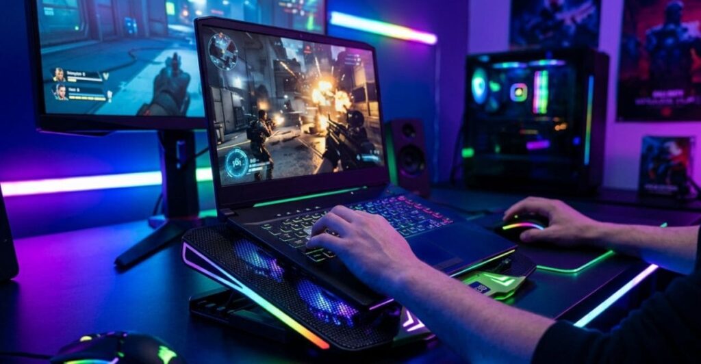 notebook com cooler em uso durante sessão de jogo com iluminação gamer