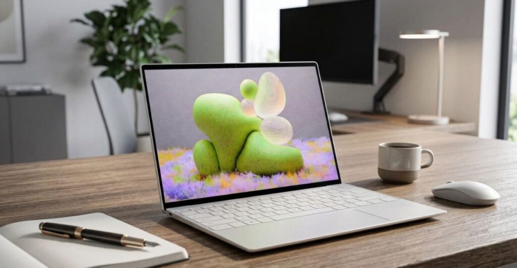 Dell XPS 13 sobre mesa de home office com caderno e xícara de café