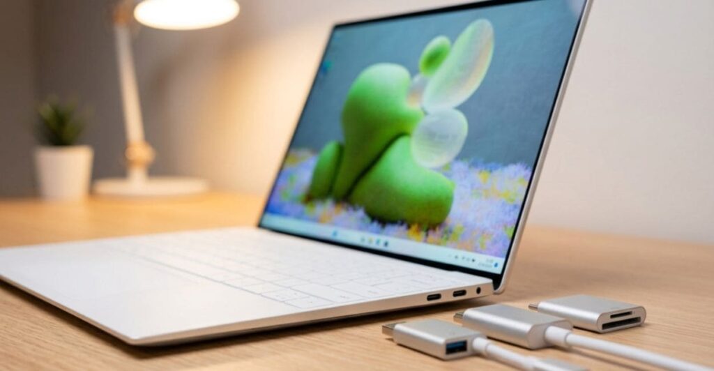 Dell XPS 13 sobre mesa com adaptadores USB-C ao lado