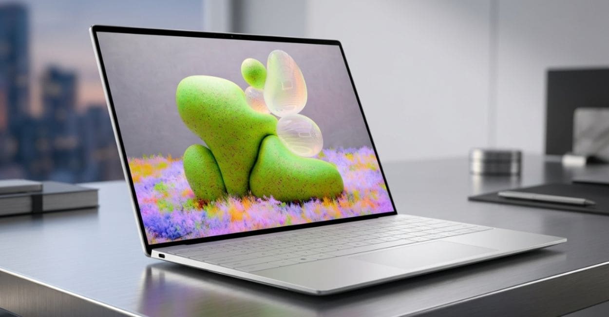 Dell XPS 13 aberto sobre mesa com tela OLED exibindo wallpaper colorido
