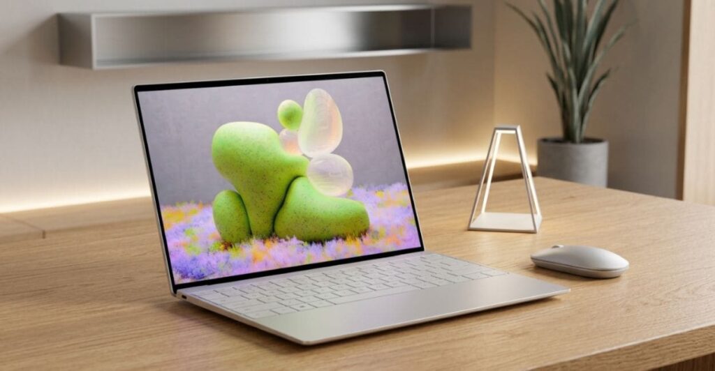 Dell XPS 13 com tela OLED 3K exibindo imagem colorida sobre mesa de madeira