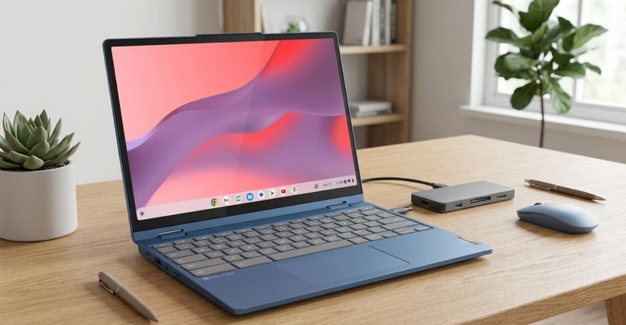 Lenovo Flex 3i 12.2 Chromebook em modo notebook sobre mesa de home office