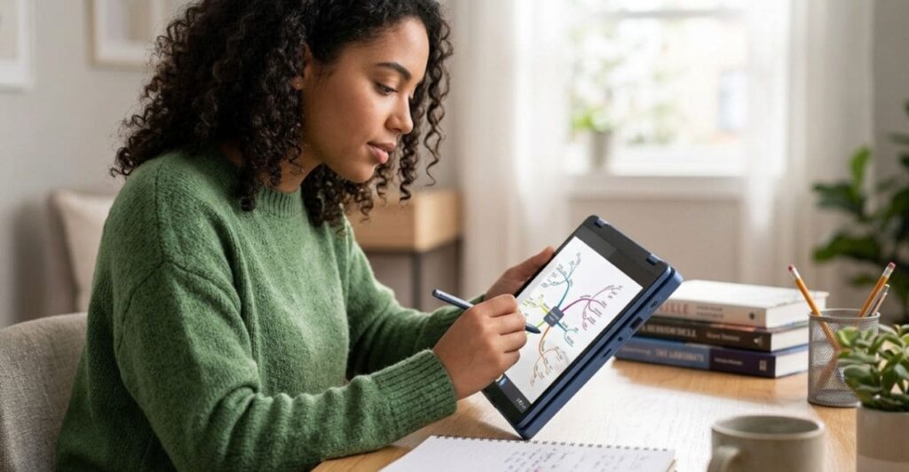 Uso do Lenovo Flex 3i Chromebook em modo tablet com caneta stylus