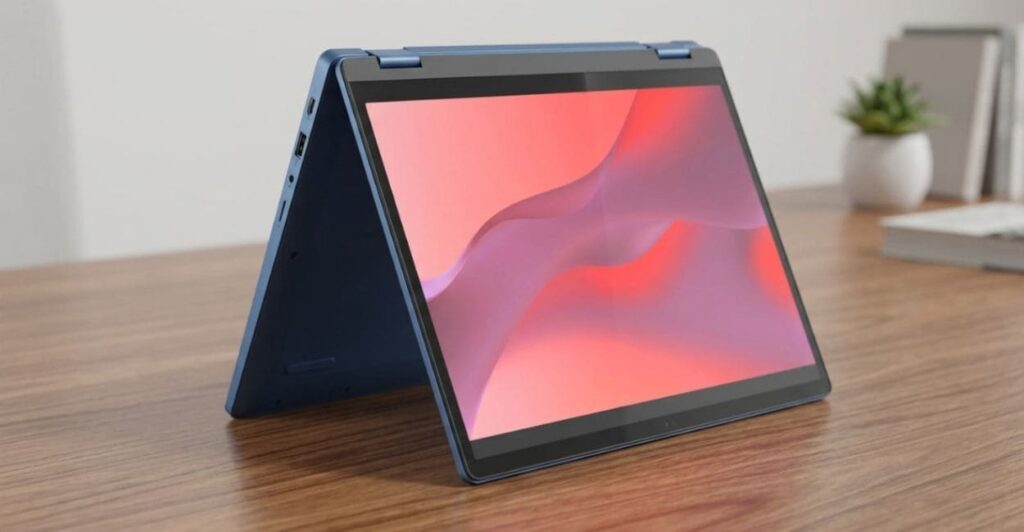 Lenovo Flex 3i Chromebook em modo tenda sobre mesa de madeira