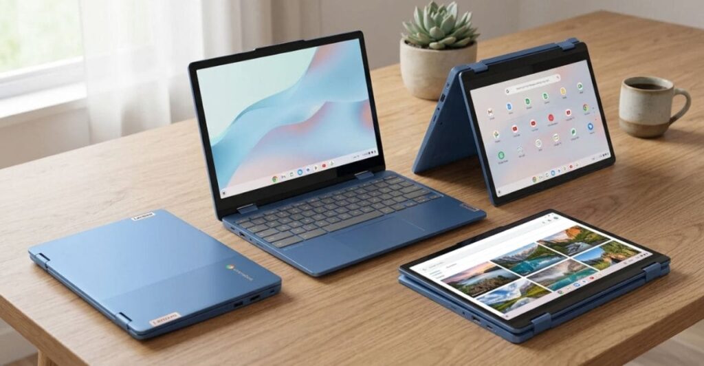 Lenovo Flex 3i Chromebook nos modos notebook, tenda e tablet lado a lado
