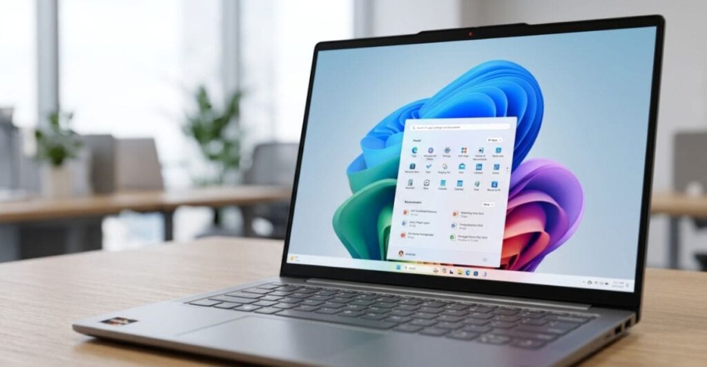 Lenovo IdeaPad Slim 5 aberto em mesa de home office, mostrando a tela WUXGA de 14 polegadas