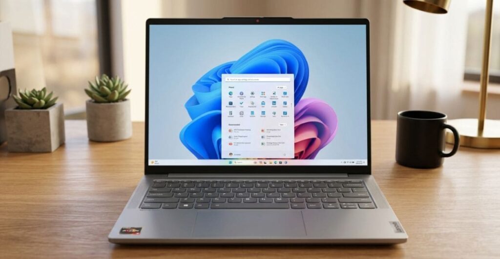 Lenovo IdeaPad Slim 5 em ângulo frontal completo, sobre mesa de escritório com vista para a cidade