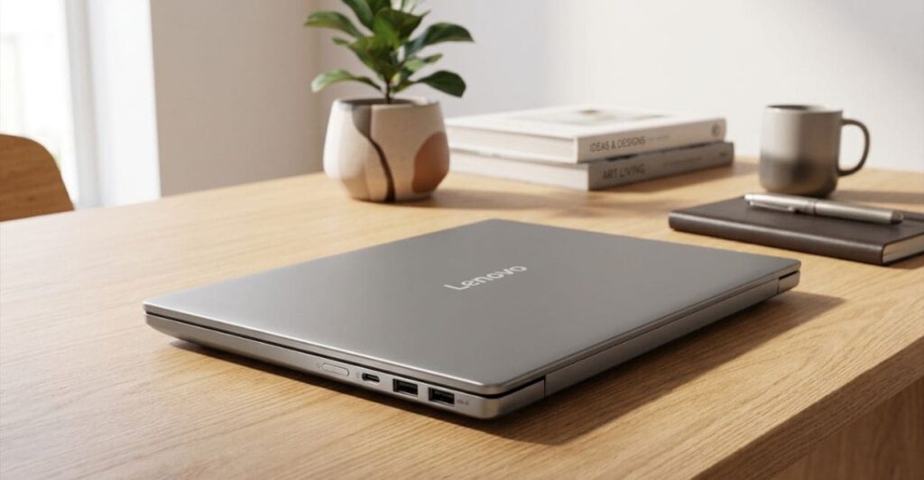 Lenovo IdeaPad Slim 5 fechado, vista do chassi em alumínio na cor Luna Gray
