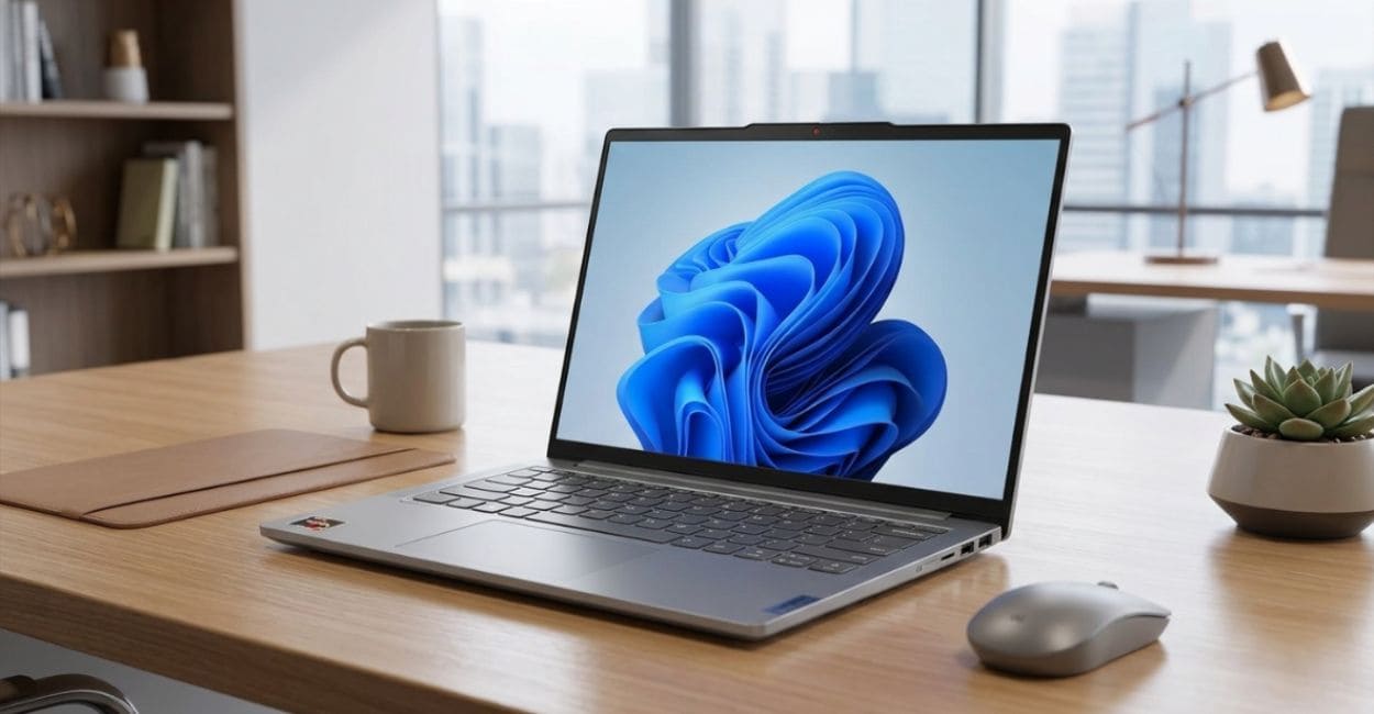 Lenovo IdeaPad Slim 5 Gen 10 aberto sobre mesa, tela exibindo wallpaper do Windows 11