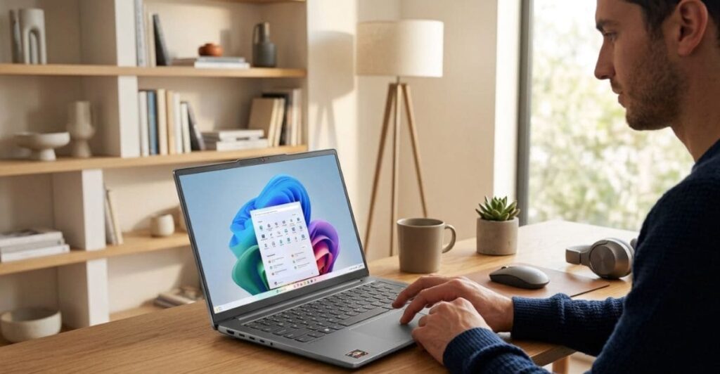 Lenovo IdeaPad Slim 5 em uso, pessoa digitando em ambiente de home office