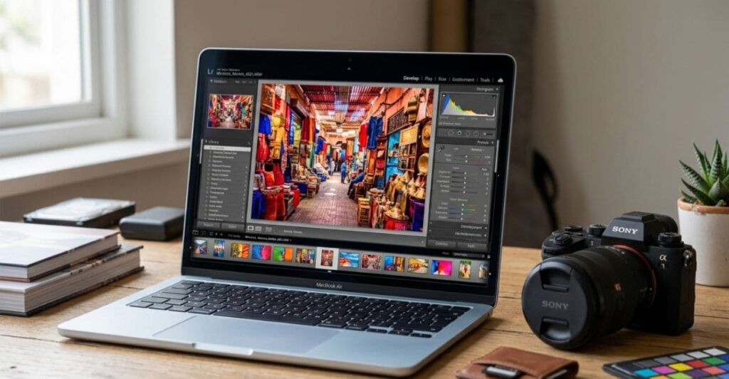 MacBook Air M4 com Lightroom aberto e câmera Sony ao lado para edição de fotos