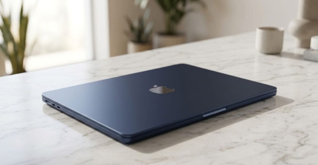 MacBook Neo fechado na cor índigo, mostrando o acabamento em alumínio da tampa