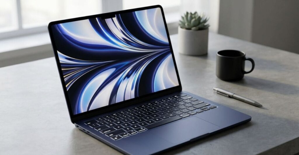 MacBook Neo é bom? Macbook em ângulo lateral mostrando o teclado e o chassi na cor índigo