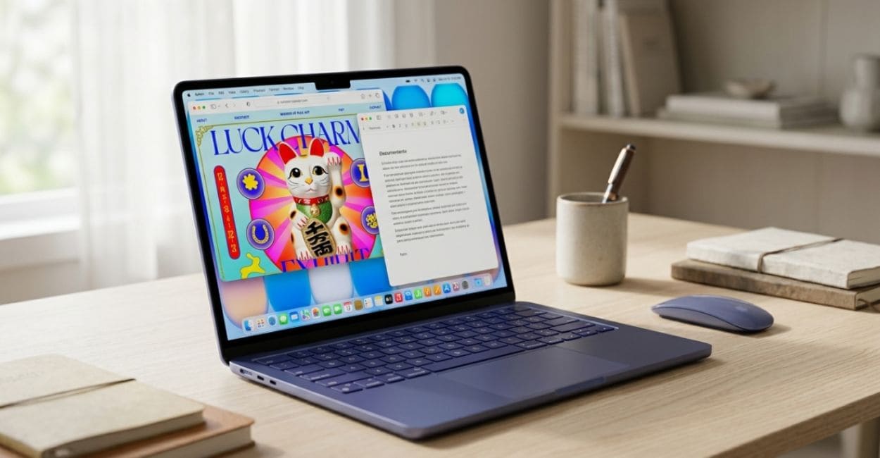 MacBook Neo azul-índigo aberto sobre uma mesa de madeira clara, com navegador e documento na tela, mouse e livros ao lado